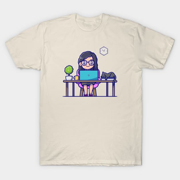 Cute Girl Working On Laptop With Cat Cartoon T-Shirt by Catalyst Labs